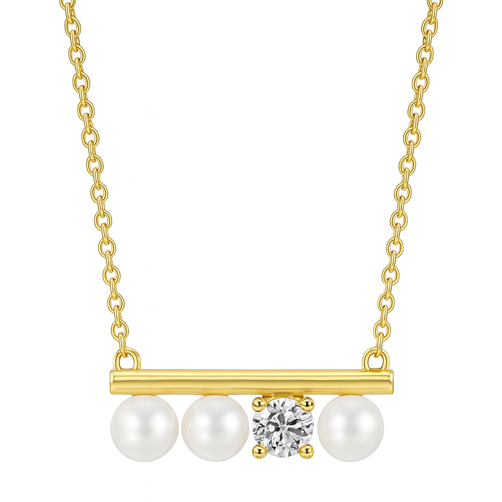 Collier Plaqué Or Pendentif Barre Perles Blanches & Zircon