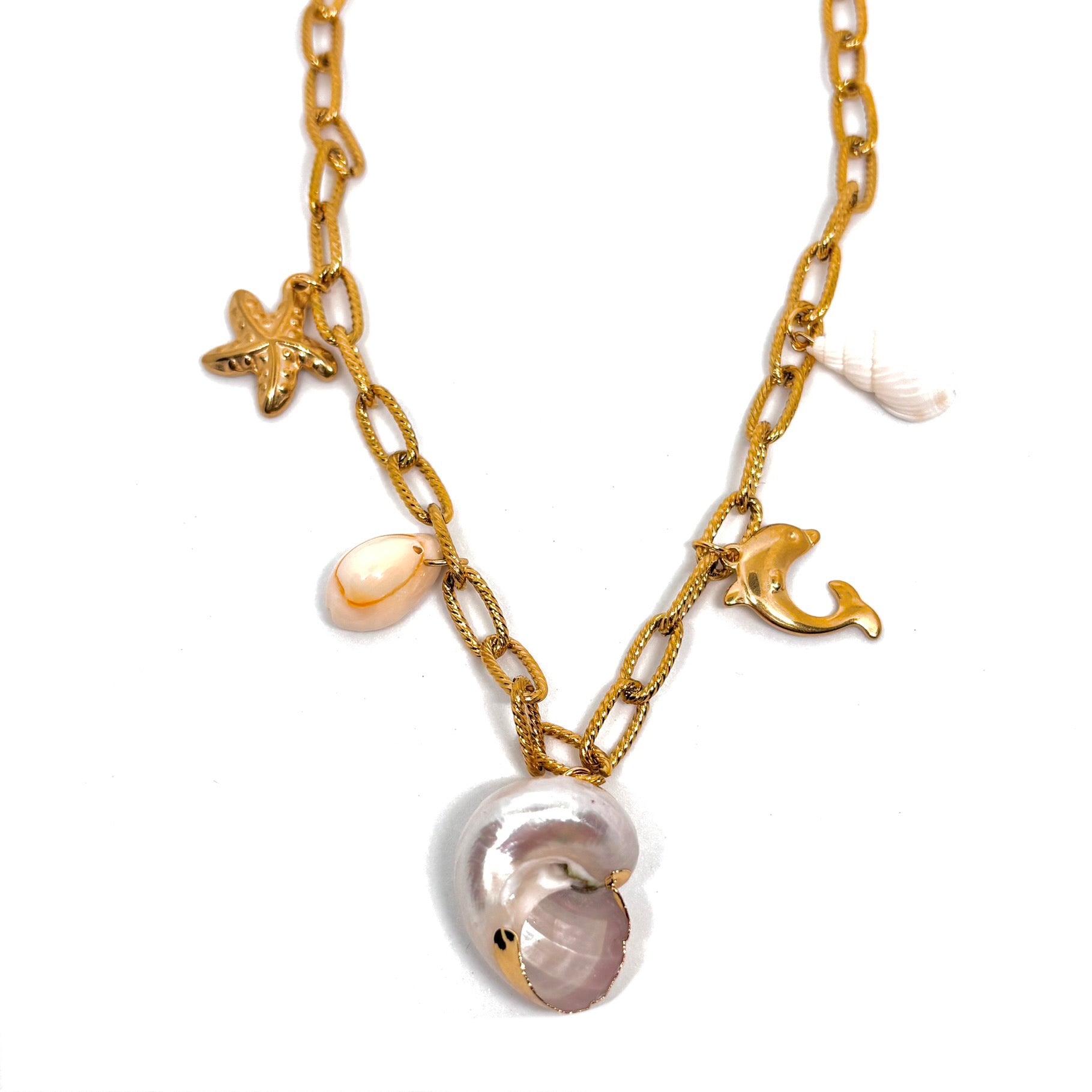 Collier Acier Inoxydable Doré à Charms Marins