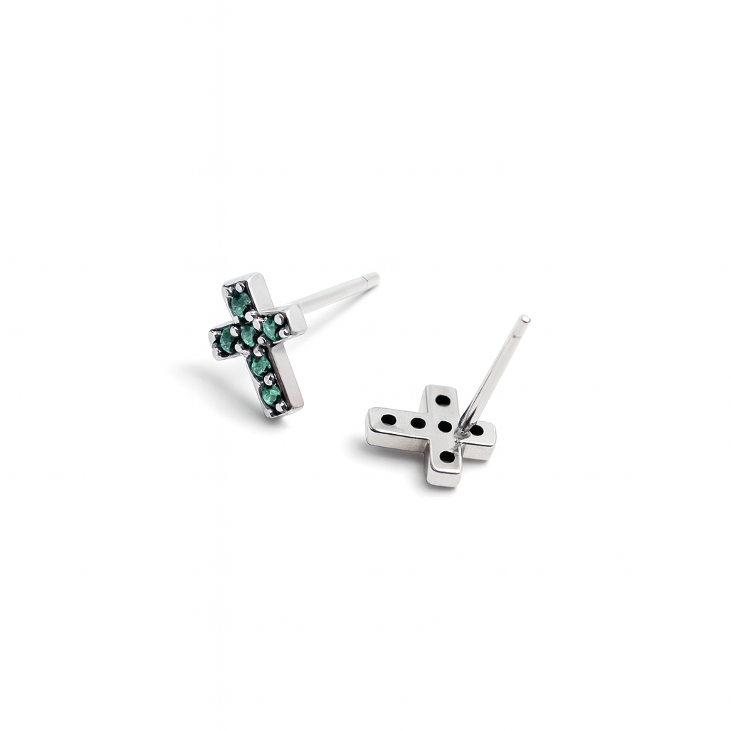 Boucles d'Oreilles Puces Argent 925 Petites Croix Zircons Verts