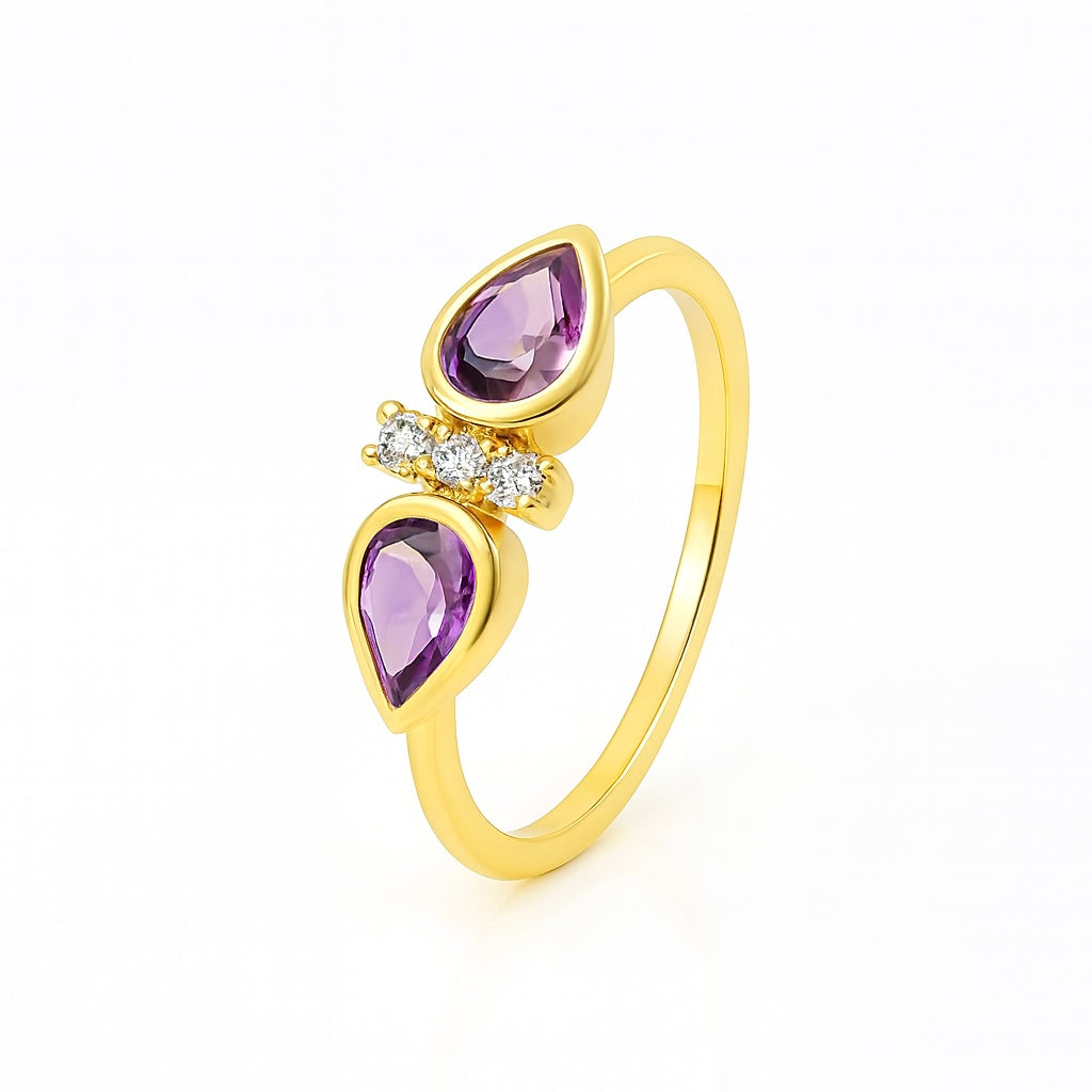 Bague Plaqué Or Double Goutte Violette & Zircon