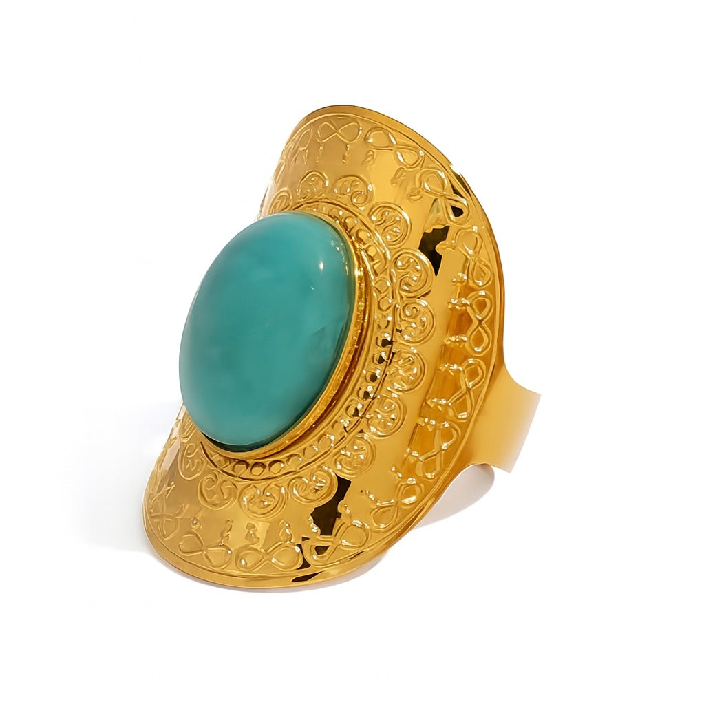 Bague Acier Inoxydable Doré Pierre Turquoise Ovale Sculptée