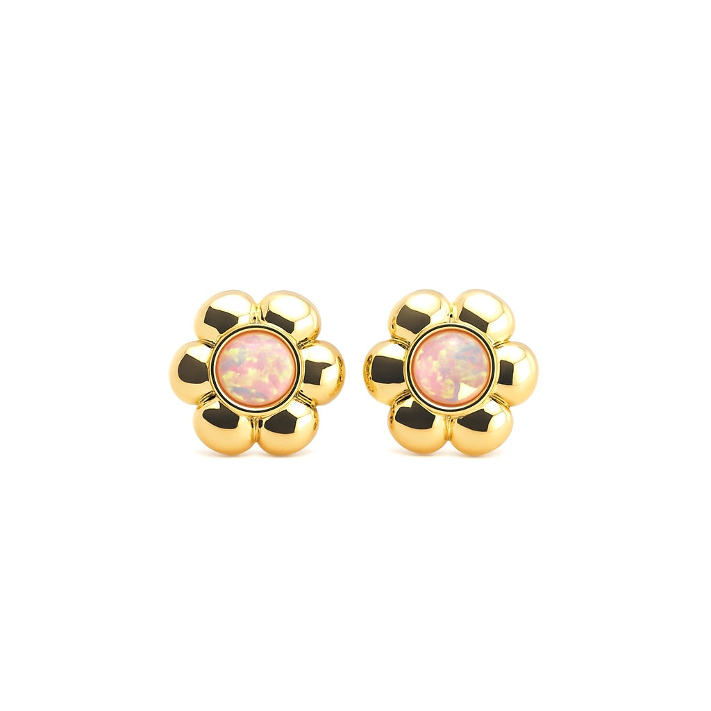 Boucles d'Oreilles Puces Plaqué Or Fleur Dorée & Opale