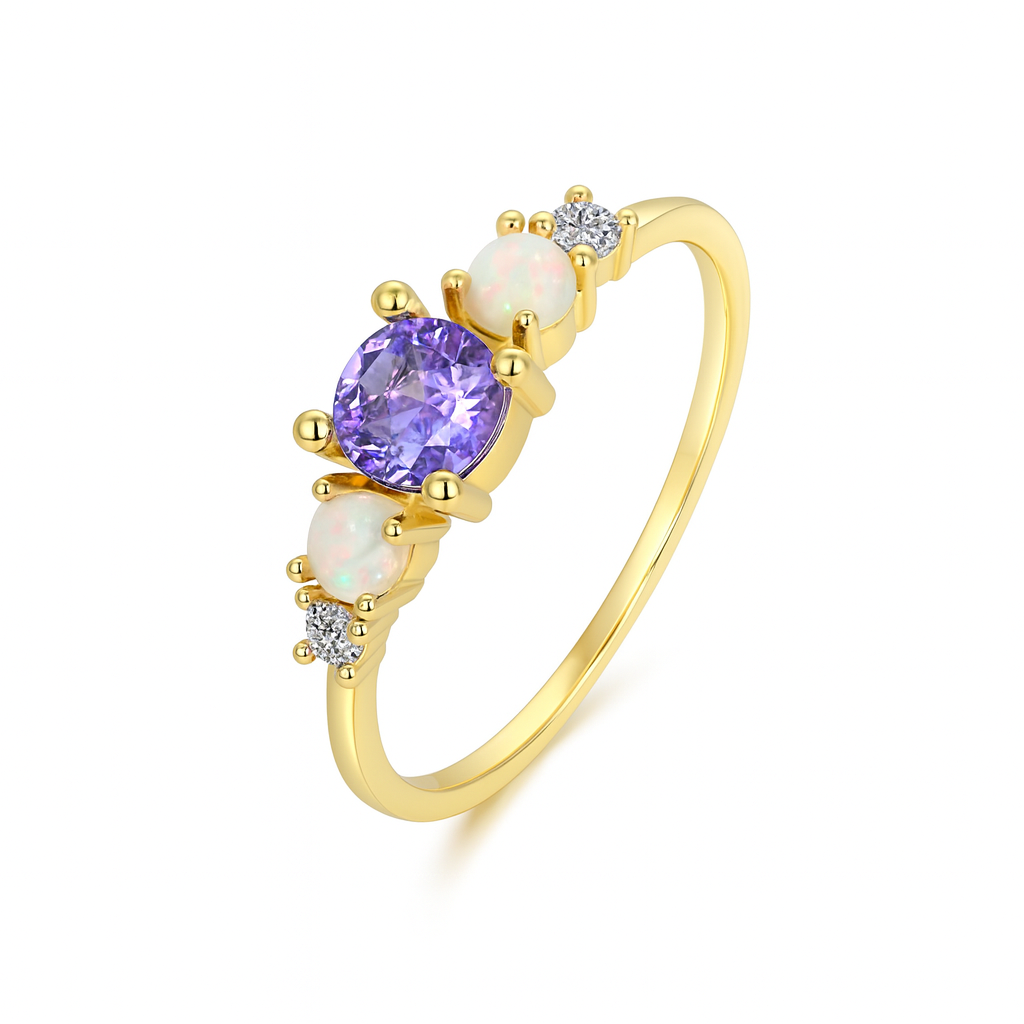 Bague Plaqué Or Pierre Centrale Violette Opales Blanches & Zircons