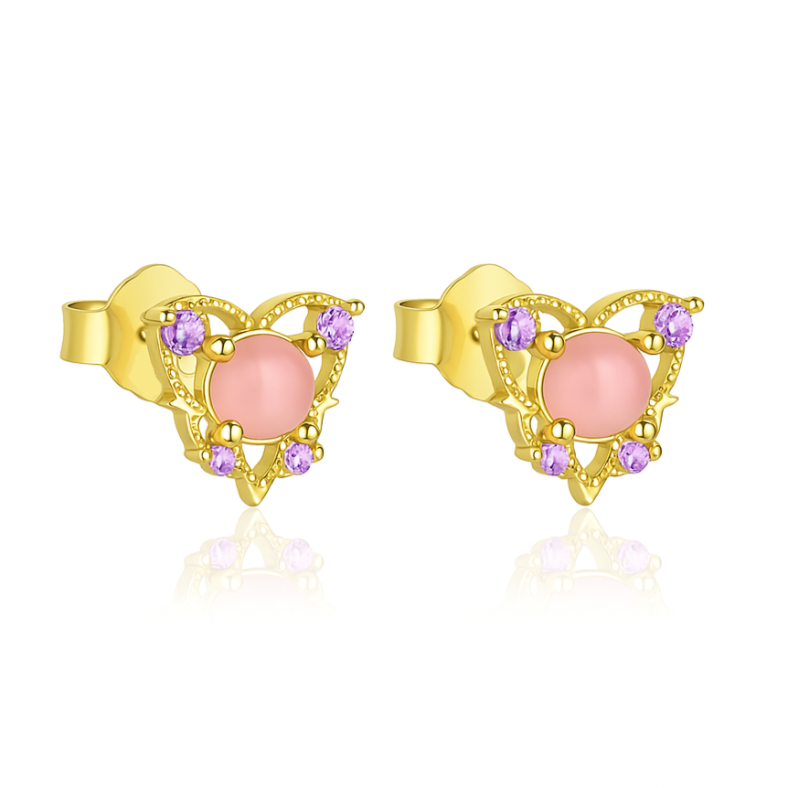 Boucles d'Oreilles Argent 925 doré à l'Or Fin en Forme de Coeur Pierre Rose Zircons Améthyste