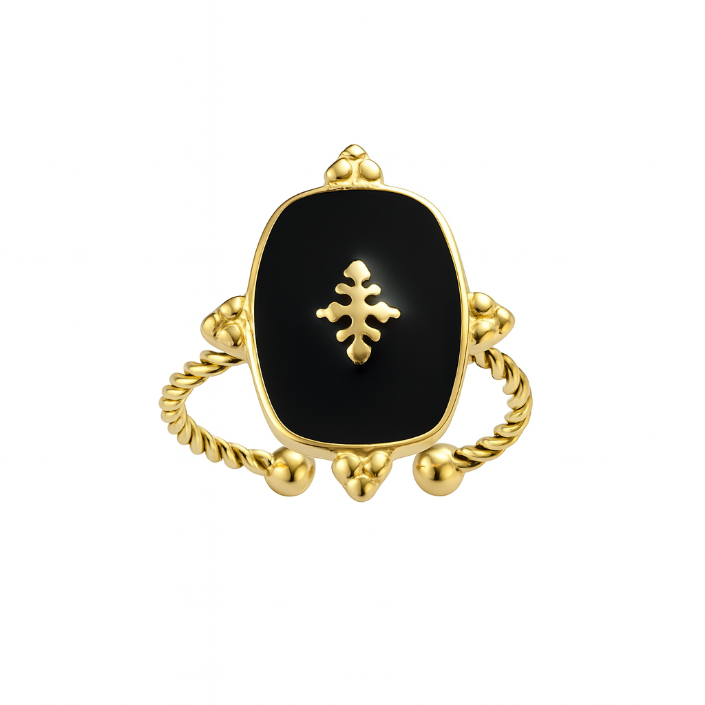 Bague Acier Inoxydable Doré Médaillon Noire Esprit Mystique