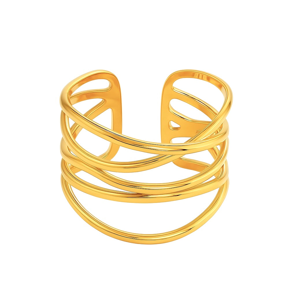 Bague Large Acier Inoxydable Doré Croisée Ajustable