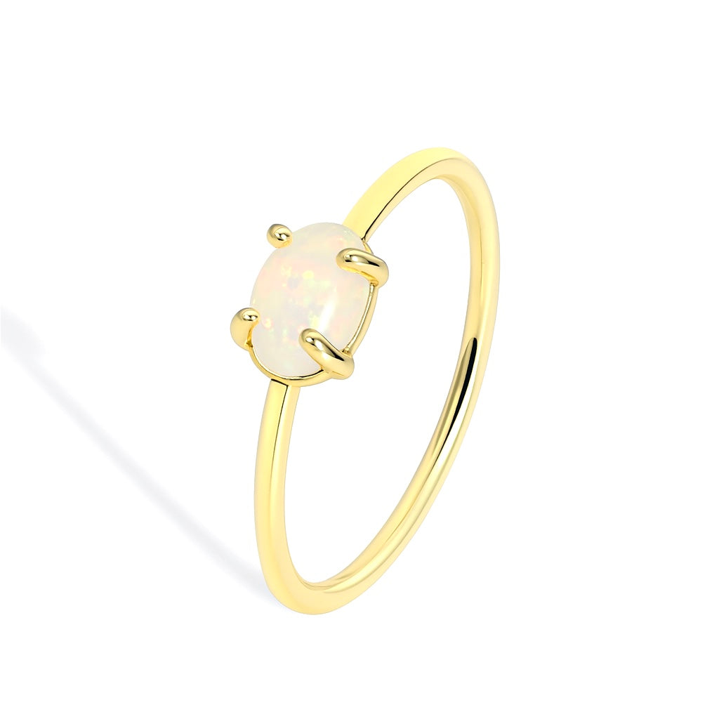 Bague Solitaire Plaqué Or Pierre Opale Ovale