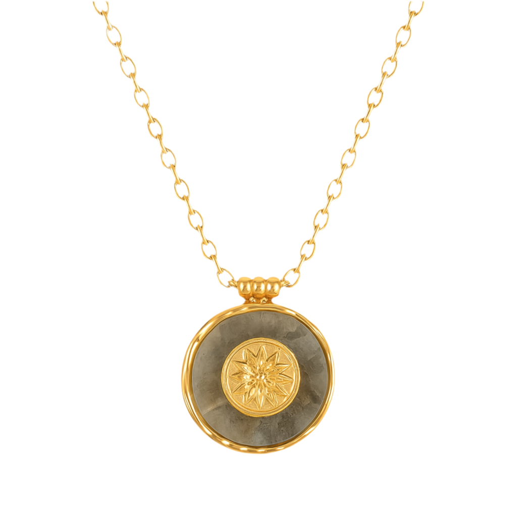 Collier Acier Inoxydable Doré Médaillon Pierre Naturelle & Rosace Dorée