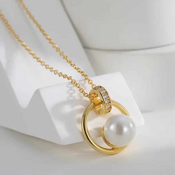 Collier Plaqué Or Pendentif Cercle Doré Perle Blanche