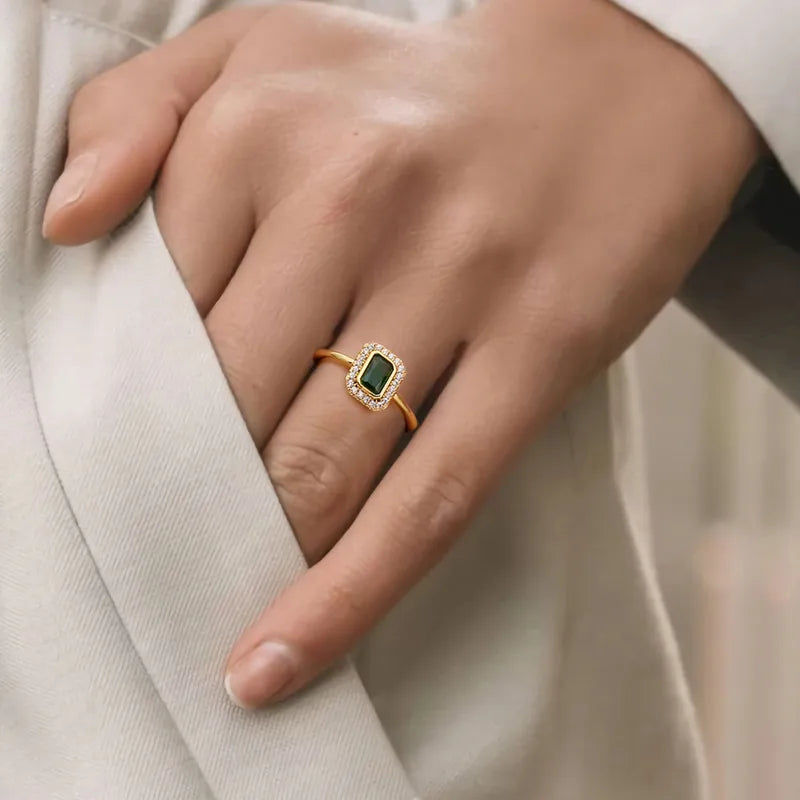 Bague Plaqué Or Pierre Verte Émeraude & Zircons