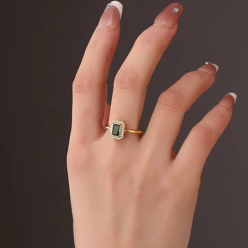 Bague Plaqué Or Pierre Verte Émeraude & Zircons