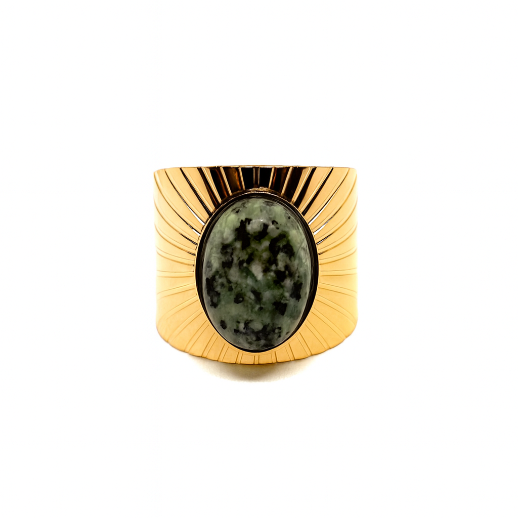 Bague Acier Inoxydable Doré Pierre Verte