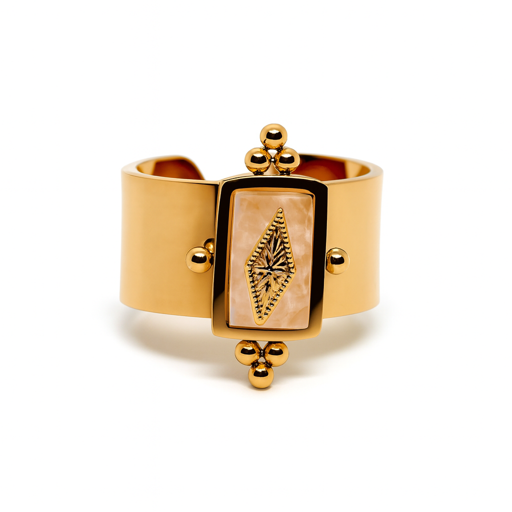 Bague Acier Inoxydable Doré Pierre Centrale Gravée Esprit Sacré
