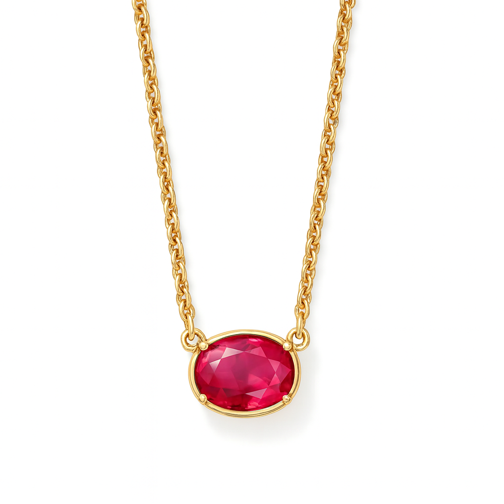 Collier Plaqué Or Pendentif Pierre Rouge Ovale