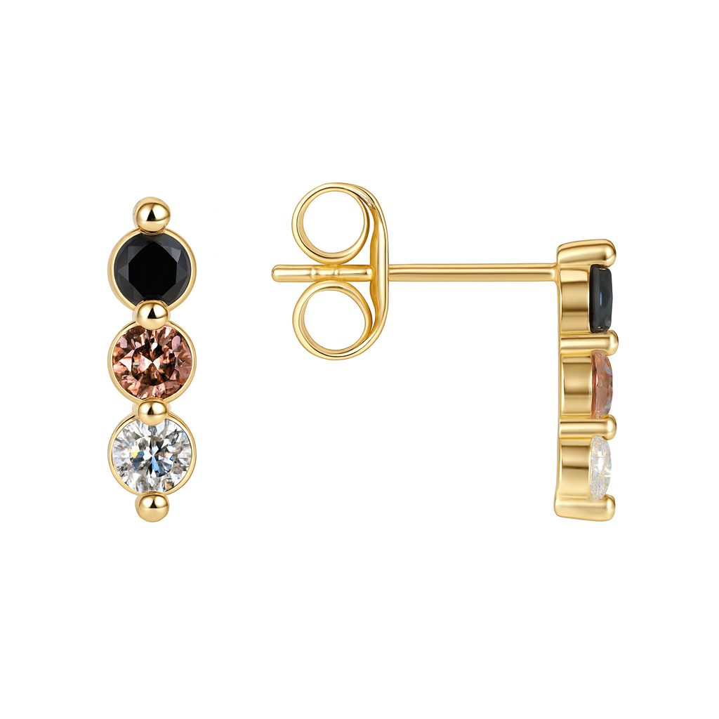 Boucles d'Oreilles Puces Plaqué Or Trois Zircons Noir Cognac & Cristal