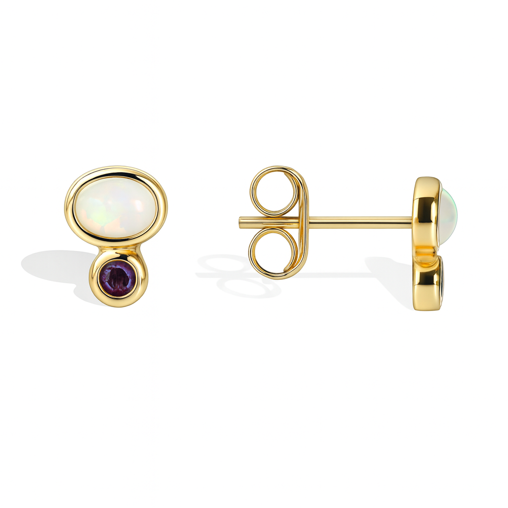 Boucles d'Oreilles Puces Plaqué Or Opale Blanche & Zircon Violet