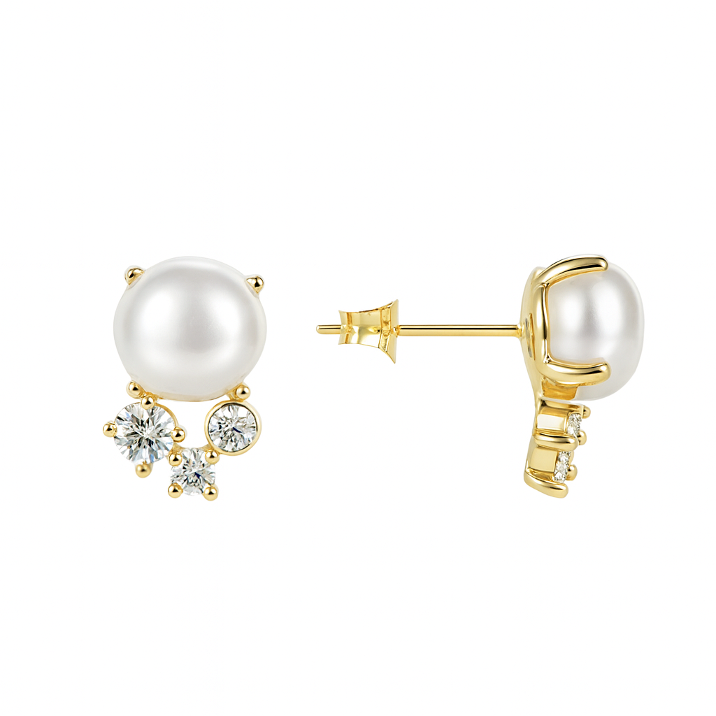 Boucles d'Oreilles Plaqué Or Clous Dorés Perle blanche & Zircons