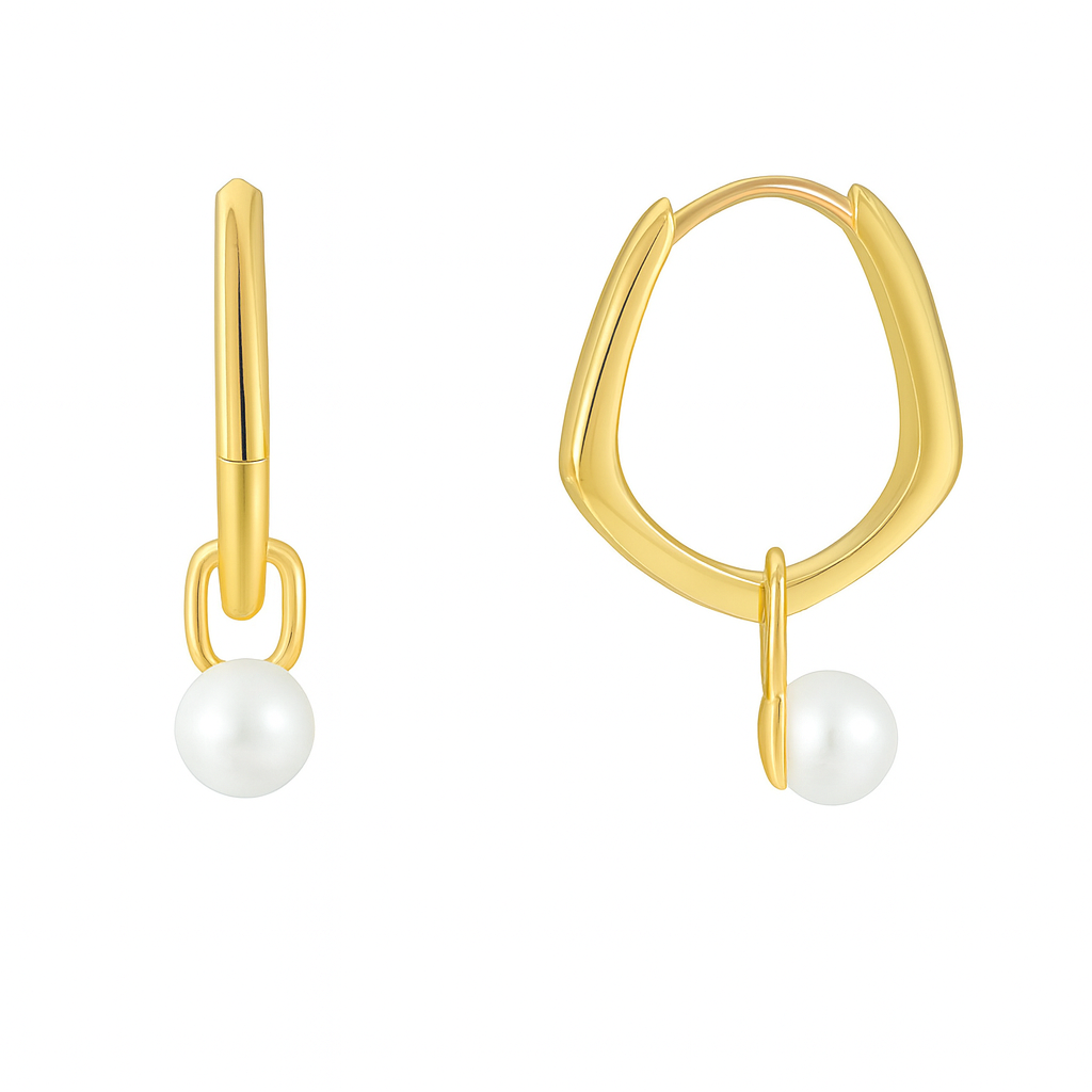 Boucles d'Oreilles Plaqué Or Créoles Asymétriques Perle Pendante