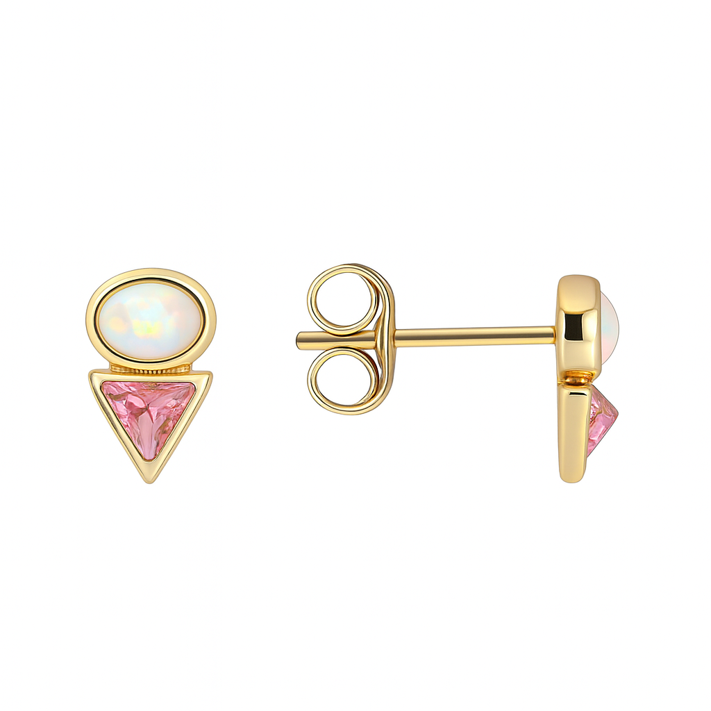 Boucles d'Oreilles Puces Plaqué Or Double Pierre Zircon Rose & Opale