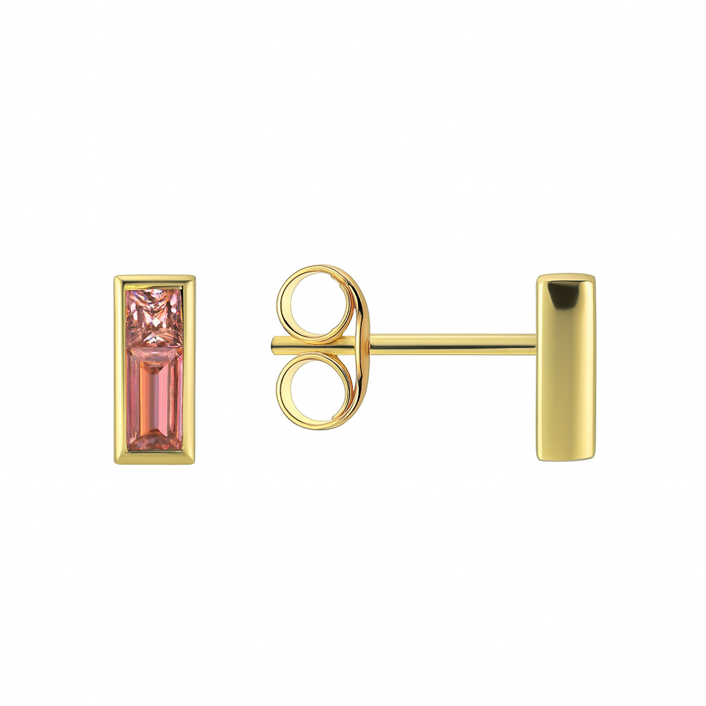 Boucles d'Oreilles Puces Plaqué Or Rectangle Zircon Rose