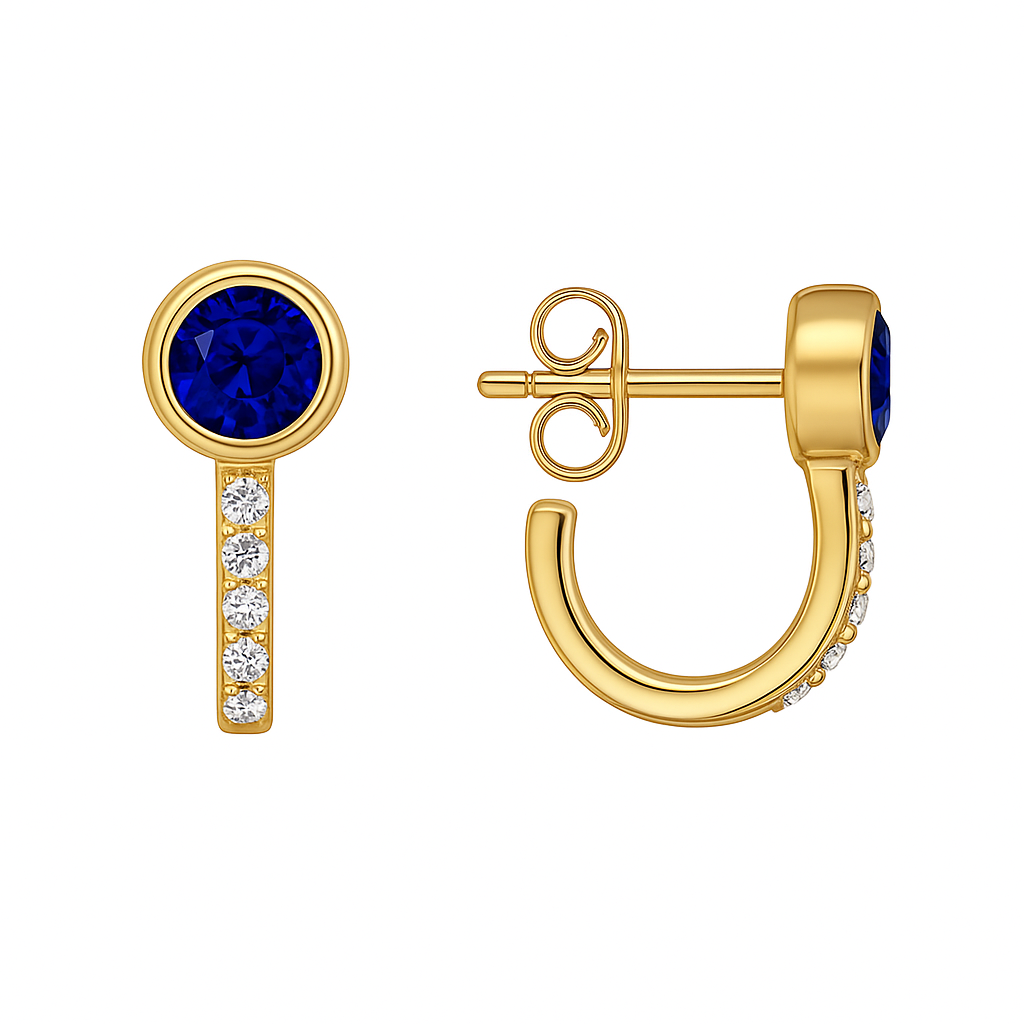 Boucles d'Oreilles Plaqué Or Demi Créoles Zircon Bleu & Blanc
