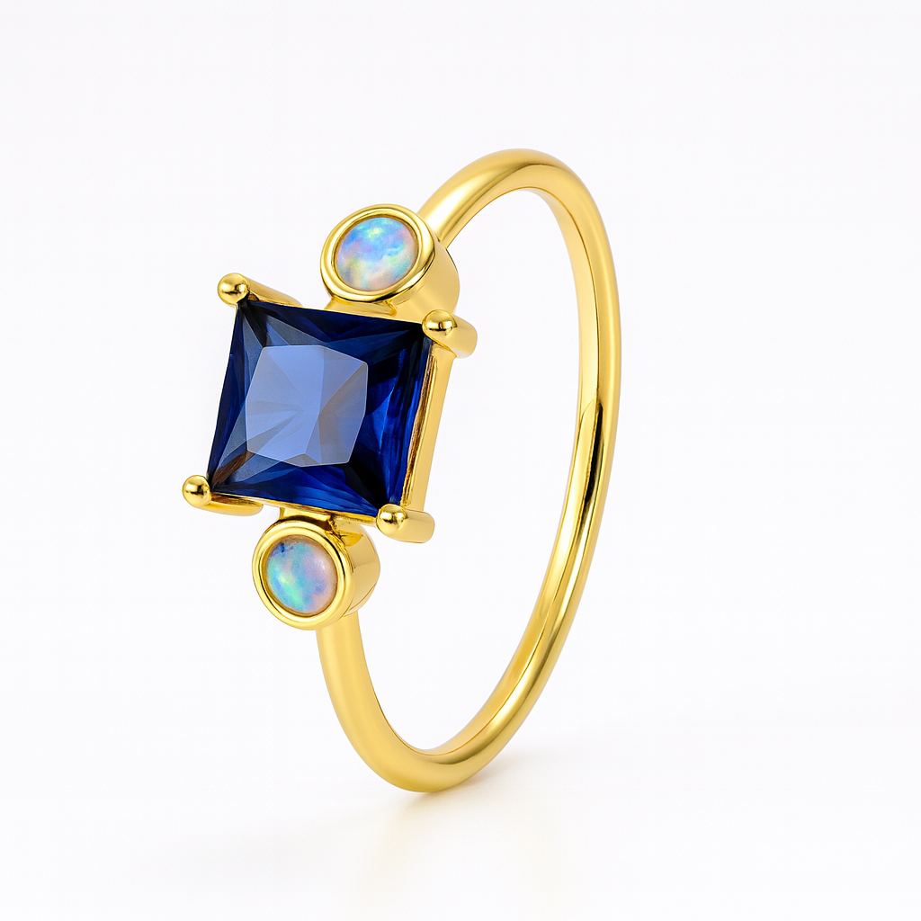 Bague Solitaire Plaqué Or Pierre Carrée Bleue Saphir & Opales