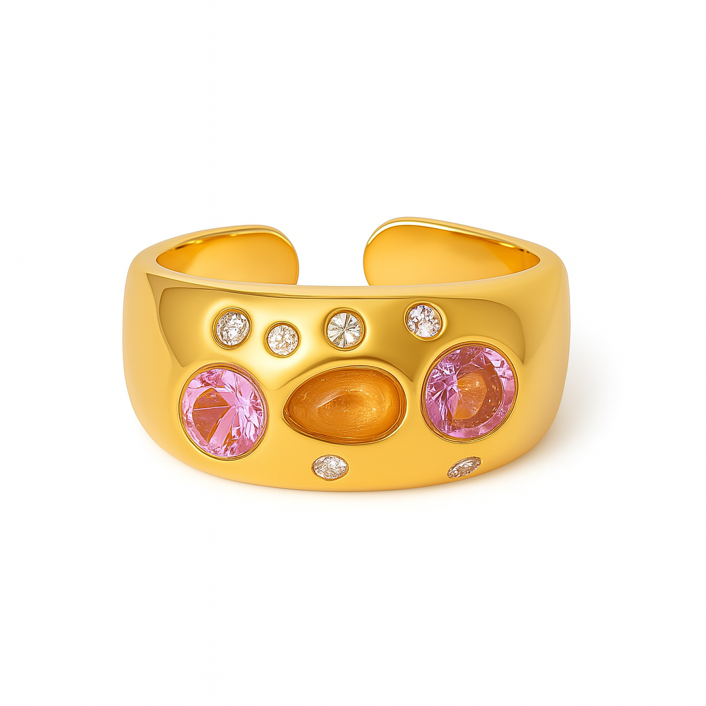 Bague Acier Inoxydable Doré Large Cristaux Rose et Ambre