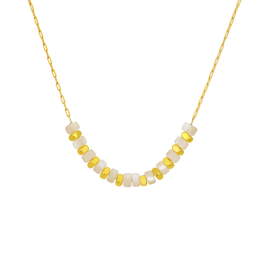 Collier Acier Inoxydable Doré Perles Plates Blanches & dorées