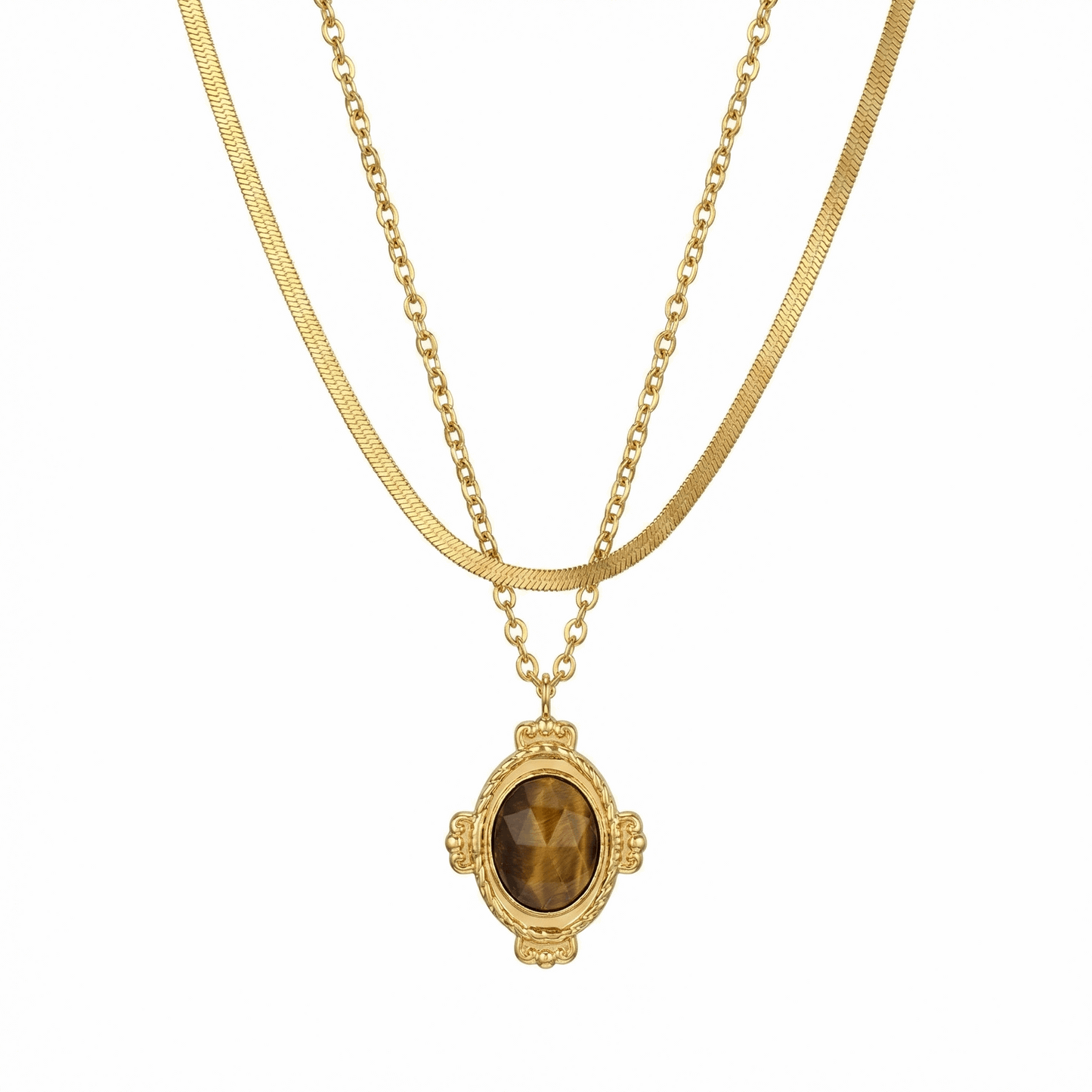 Collier doré double chaîne en acier inoxydable avec pendentif ovale en pierre naturelle