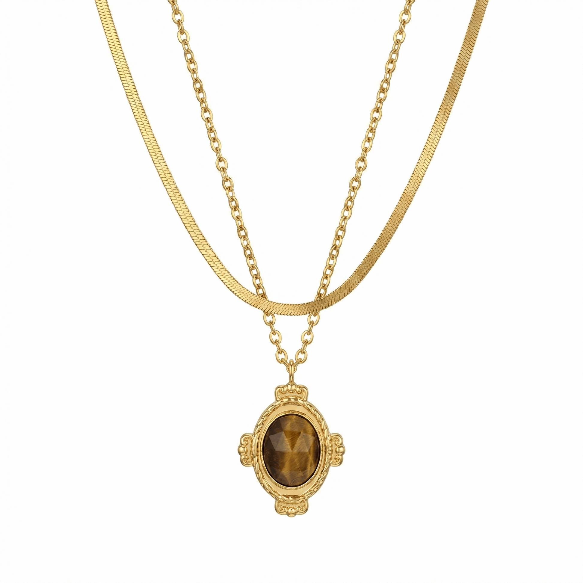 Collier doré double chaîne en acier inoxydable avec pendentif ovale en pierre naturelle
