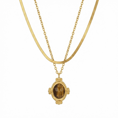 Collier doré double chaîne en acier inoxydable avec pendentif ovale en pierre naturelle