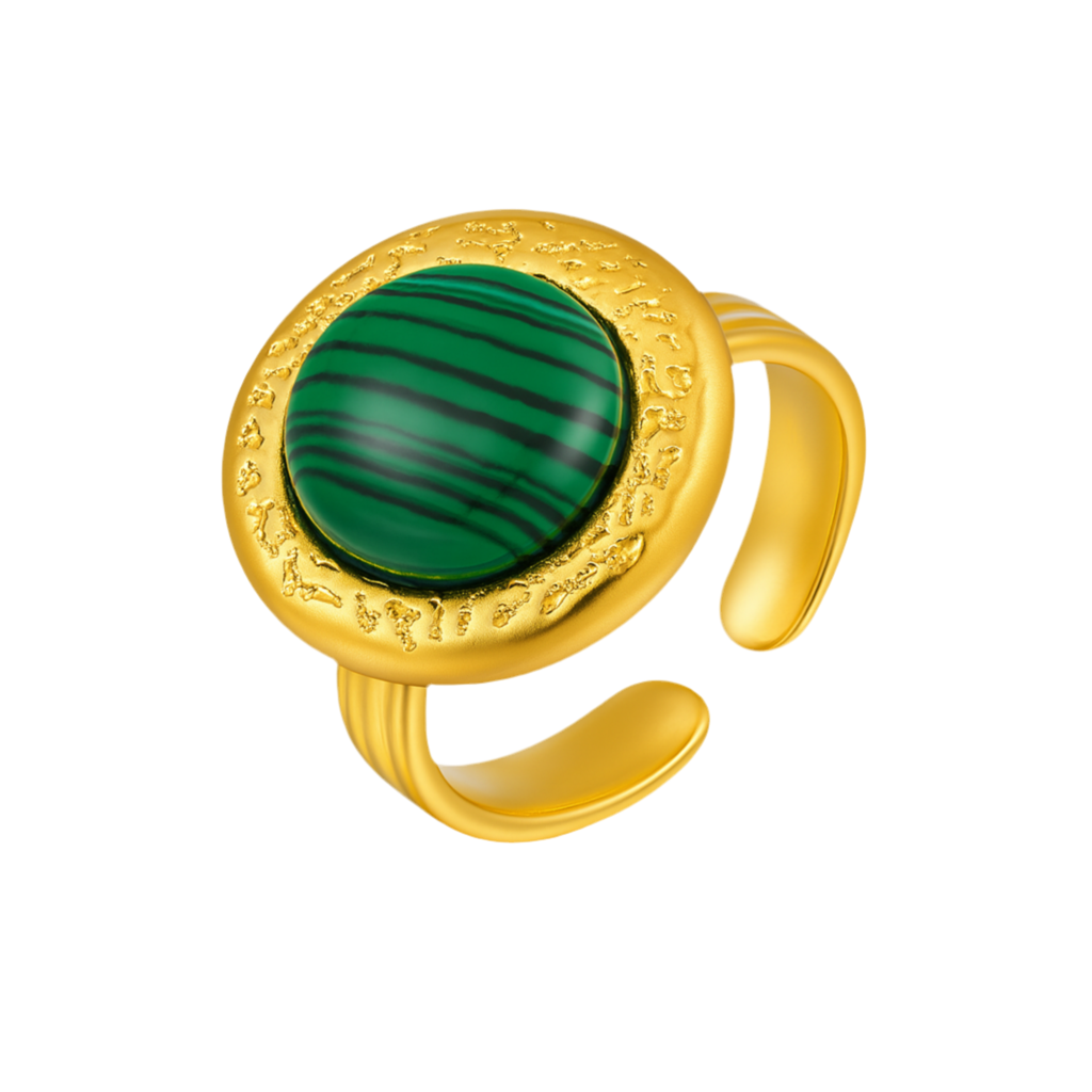 Bague Acier Inoxydable Doré Malachite