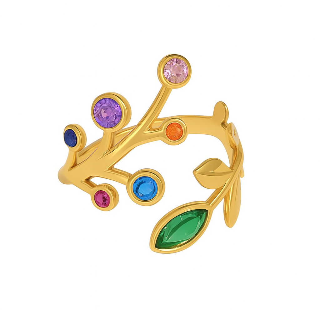 Bague Acier Inoxydable Doré Cristaux Multicolores Branches