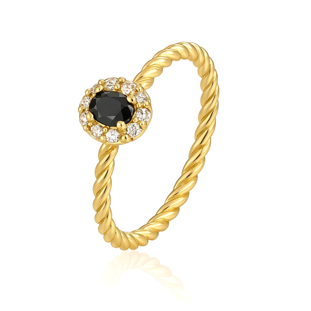 Bague Plaqué Or Torsadée Pierre Noire & Halo de Zircons