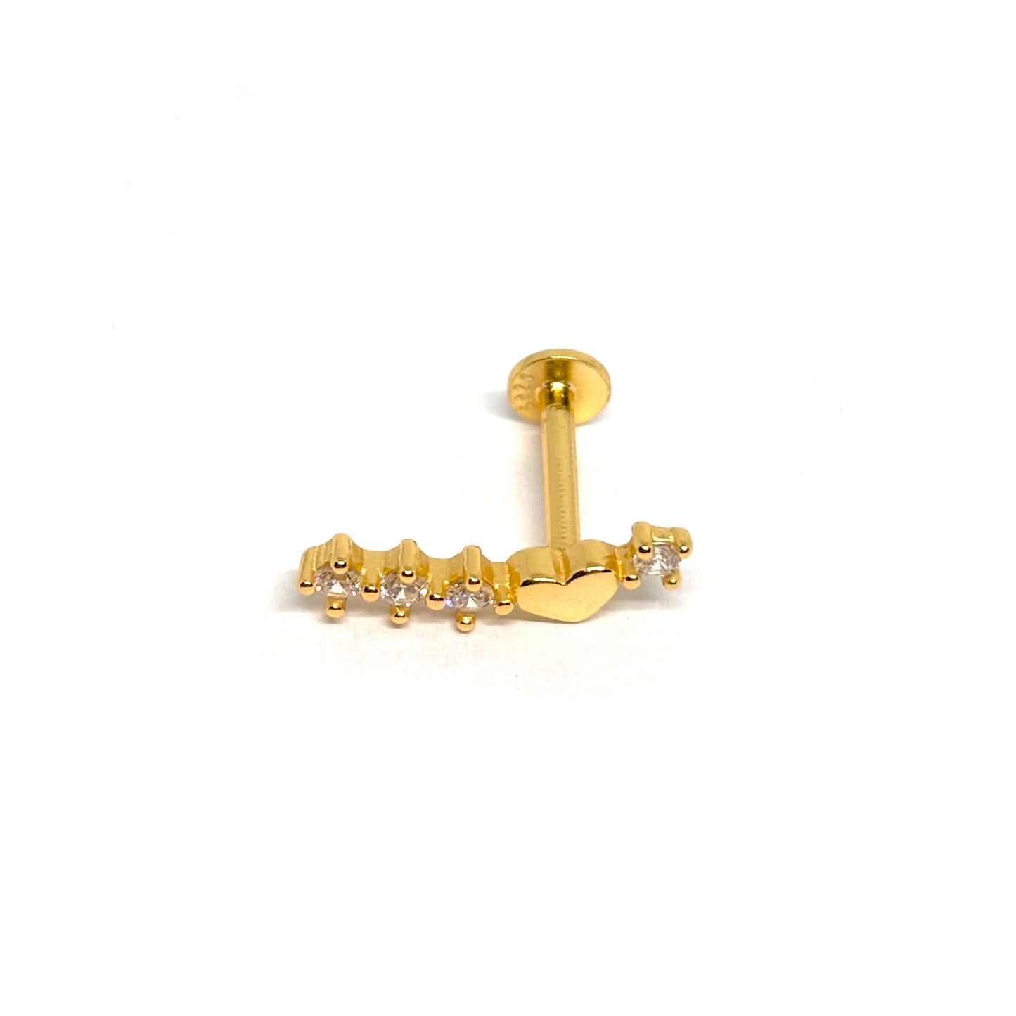 Boucle d’oreille unique argent 925 doré à l’or 18k chaîne 4 zircons et cœur