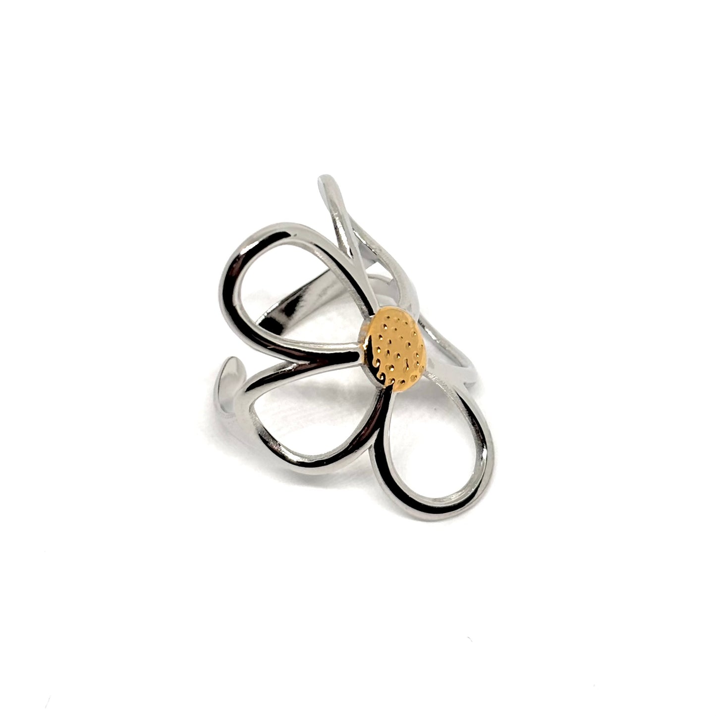Bague acier argent fleur pétales argent