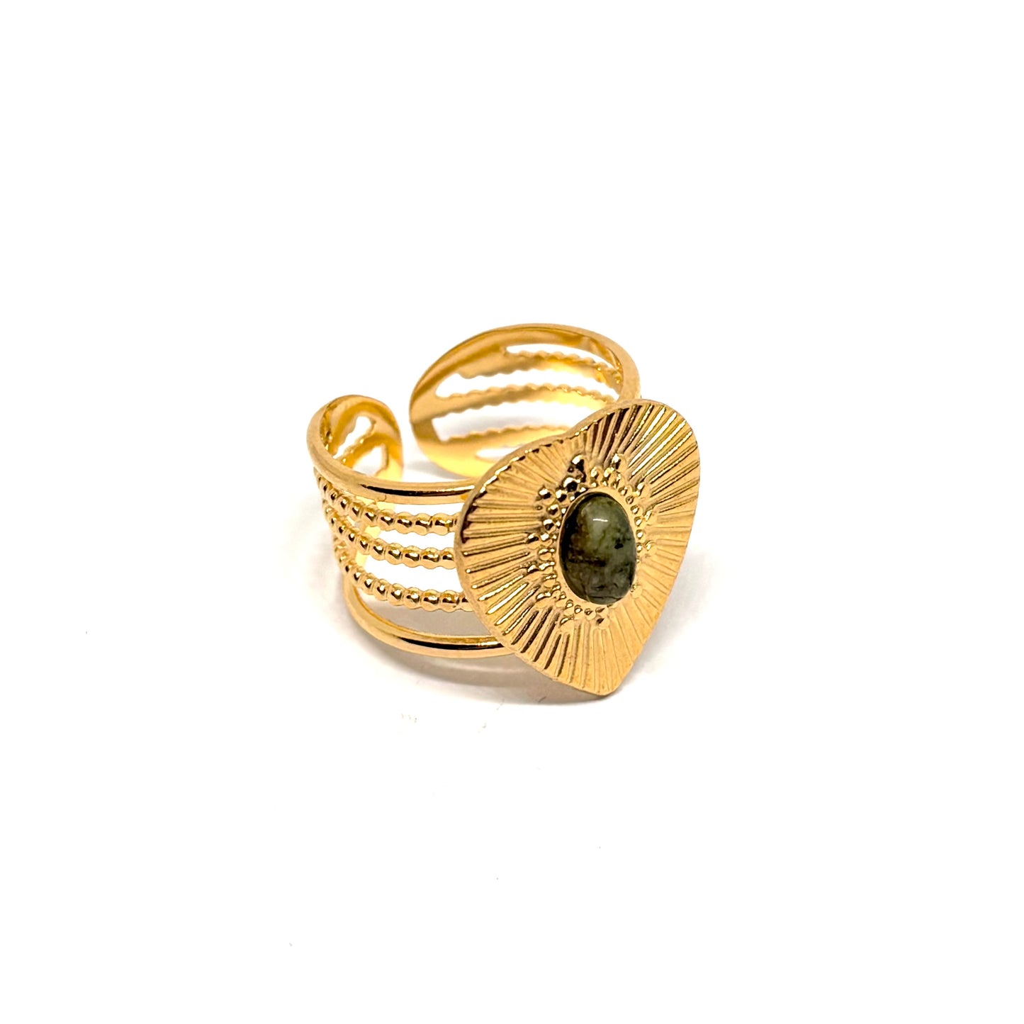 Bague acier doré cœur strié jade