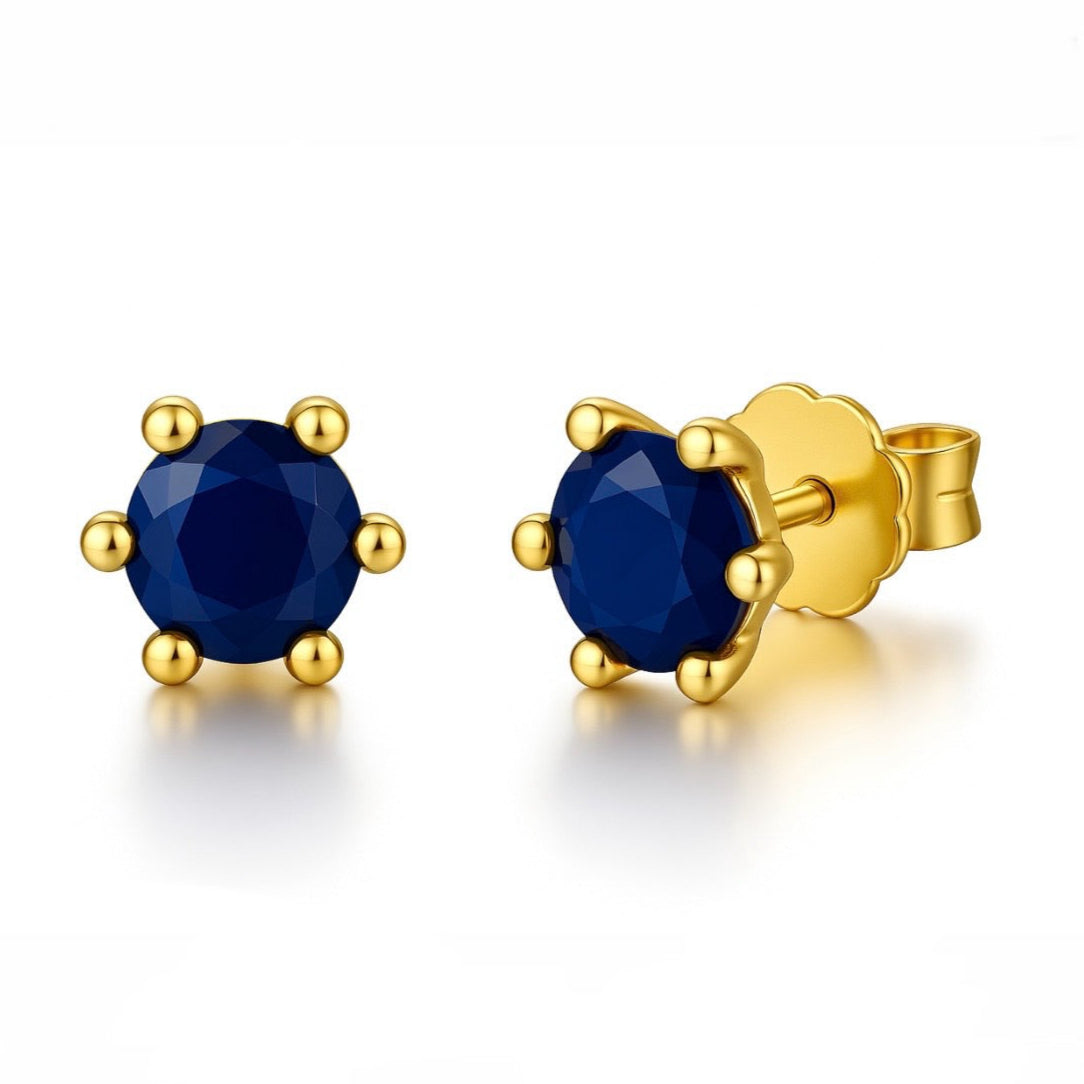 Boucles d'Oreilles Clous Argent 925 Doré à l'Or Fin Zircon Saphir Bleu