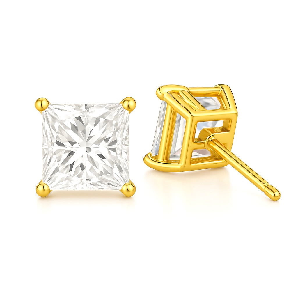 Boucles d'Oreilles Clous Argent 925 Doré à l'Or Fin Zircon Carré 3 mm
