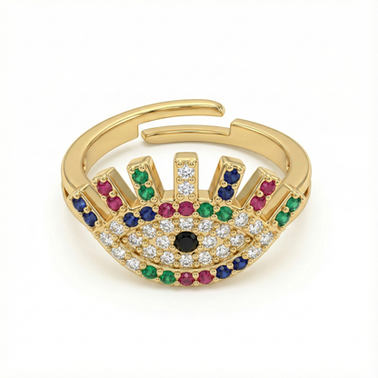 Bague acier inoxydable doré œil protecteur multicolore