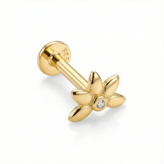 Boucle d’oreille unique argent 925 doré à l’or 18k fleur 5 pétales zircon – design floral délicat