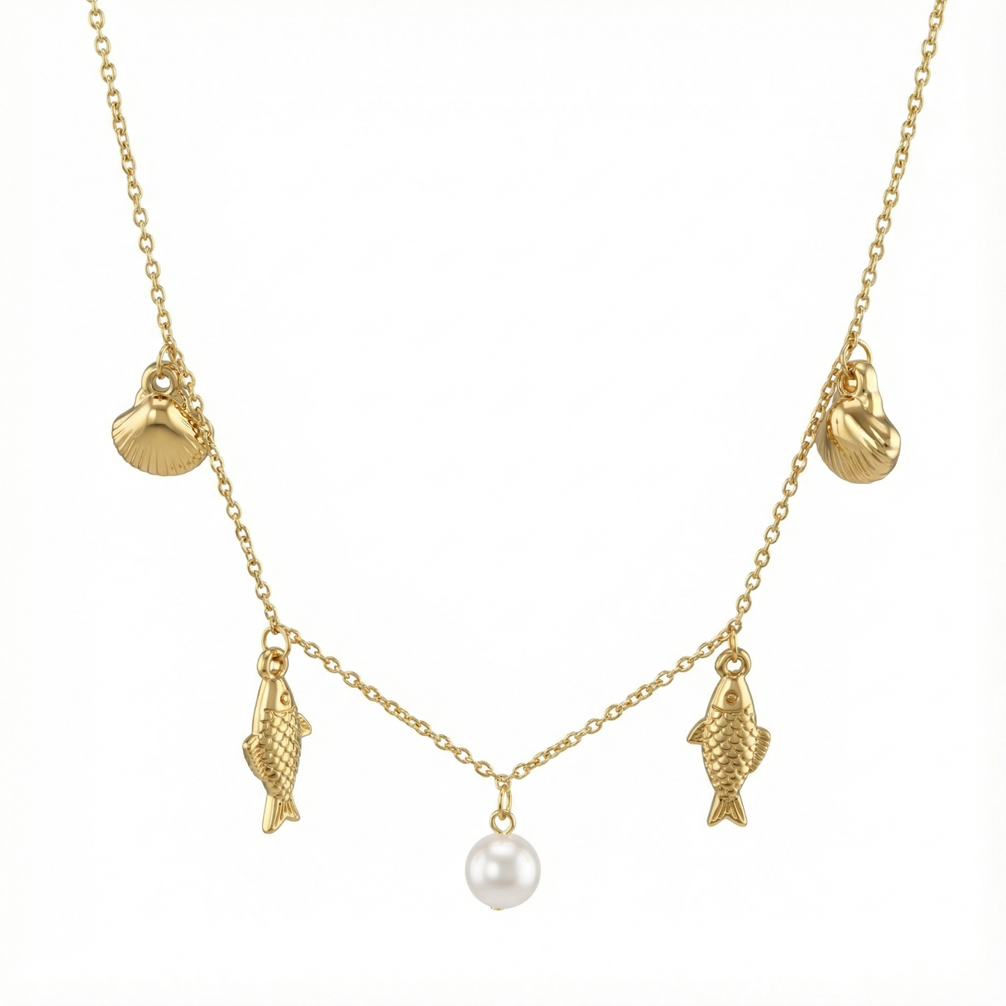 Collier perles et breloques coquillages en acier inoxydable doré