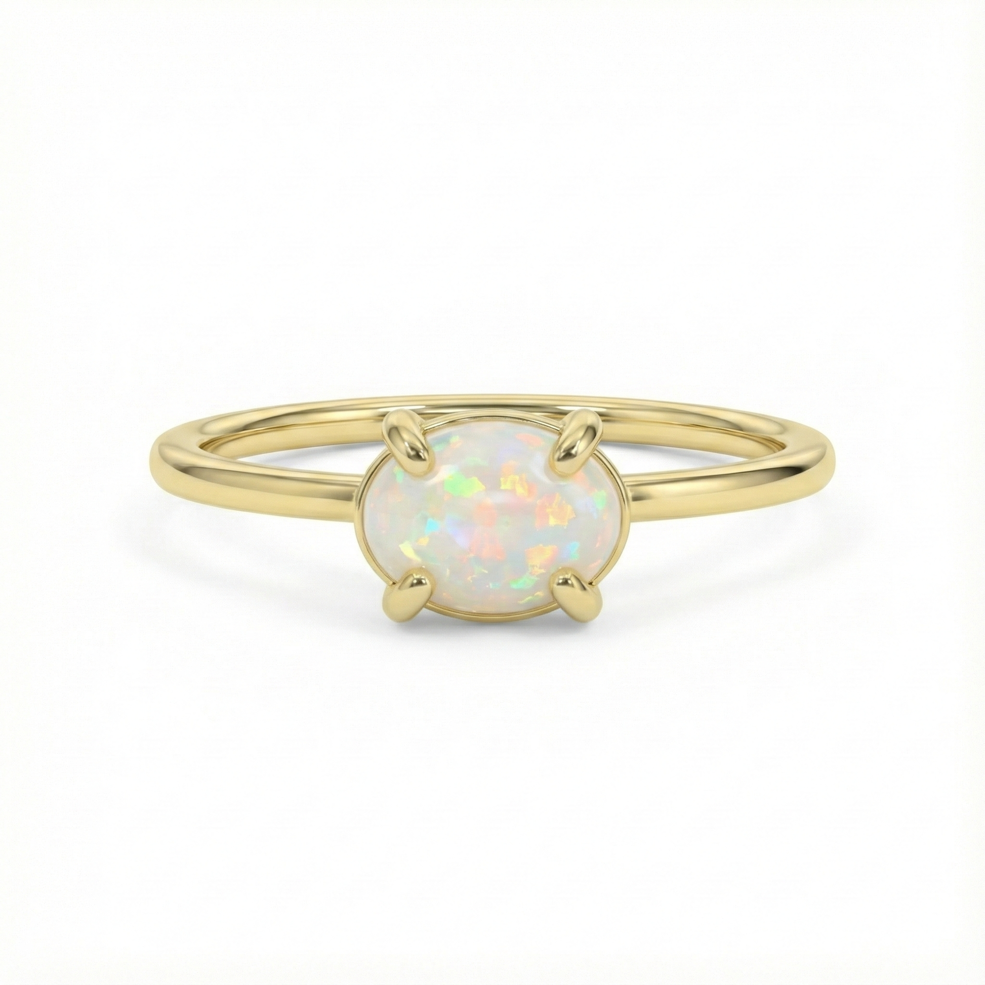 Bague dorée or 18k fine avec pierre opale ovale aux reflets irisés, bijou minimaliste lumineux et élégant