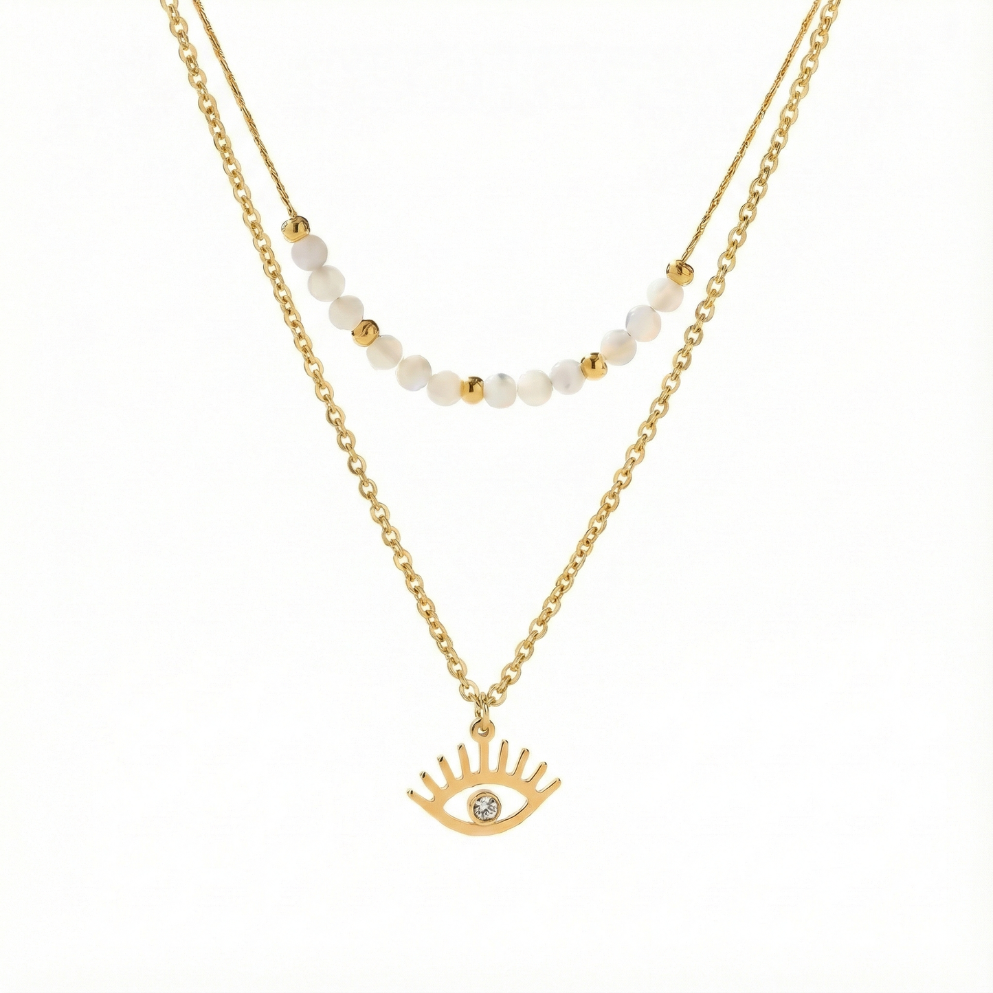 collier acier inoxydable doré double rang œil protecteur vue large