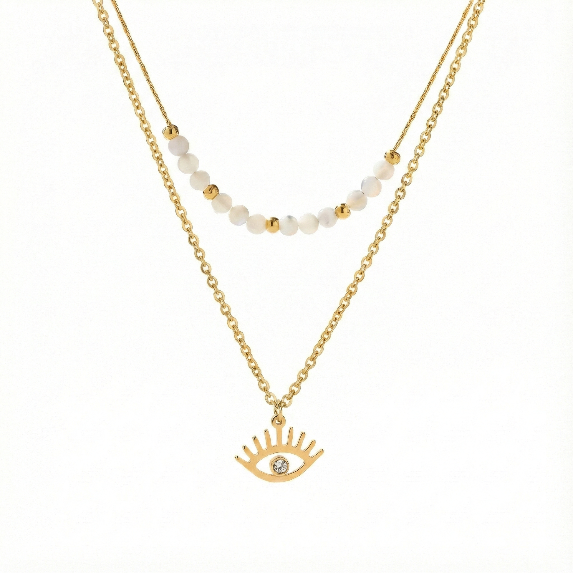 collier acier inoxydable doré double rang œil protecteur vue large