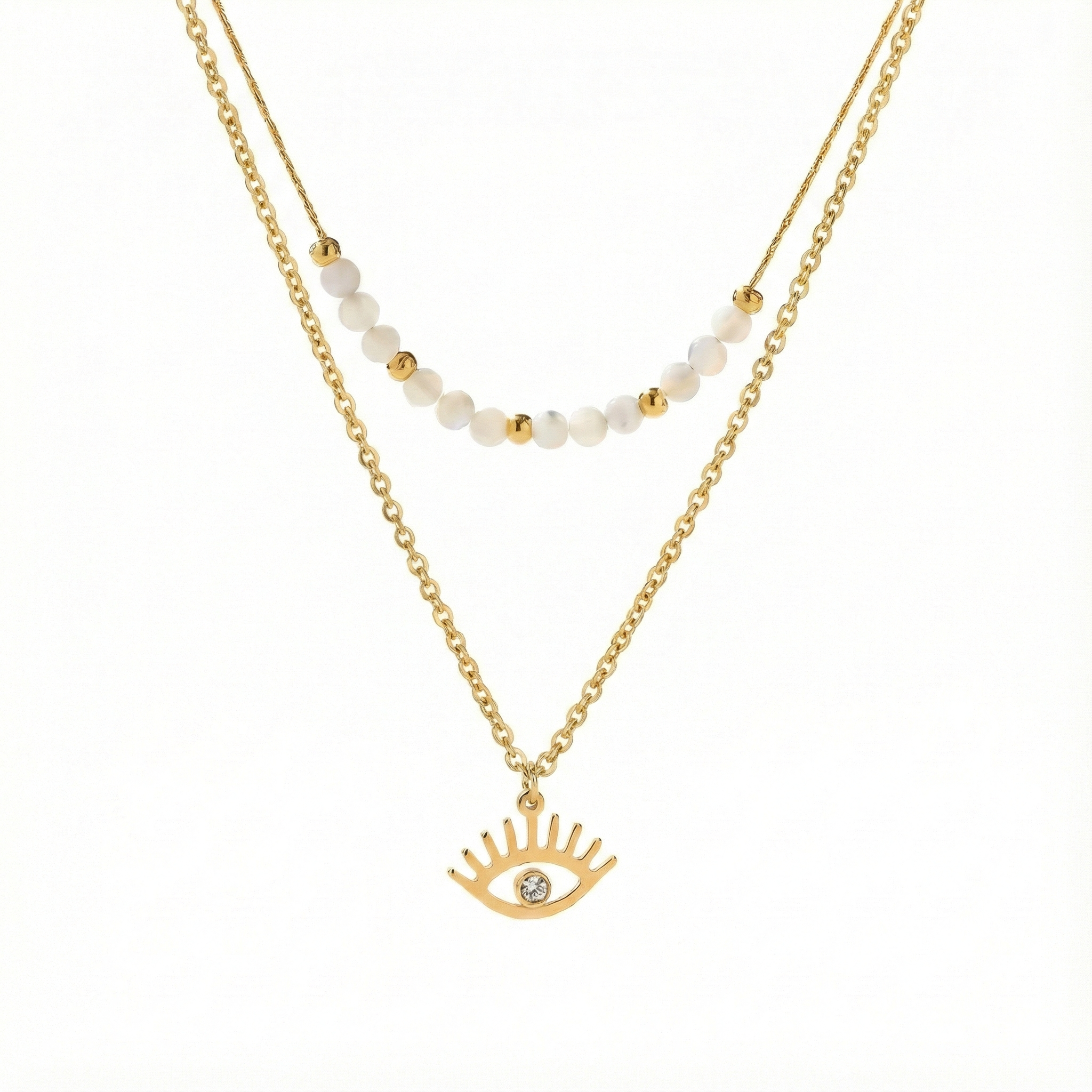 collier acier inoxydable doré double rang œil protecteur vue large