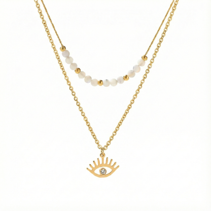 collier acier inoxydable doré double rang œil protecteur vue large