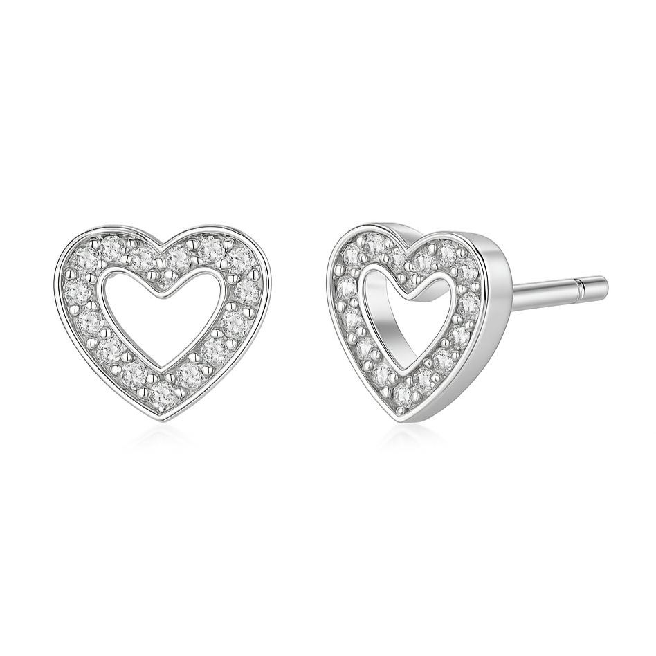 Boucles d'Oreilles Puces Argent Fin 999 Petits Coeurs serti Zircons