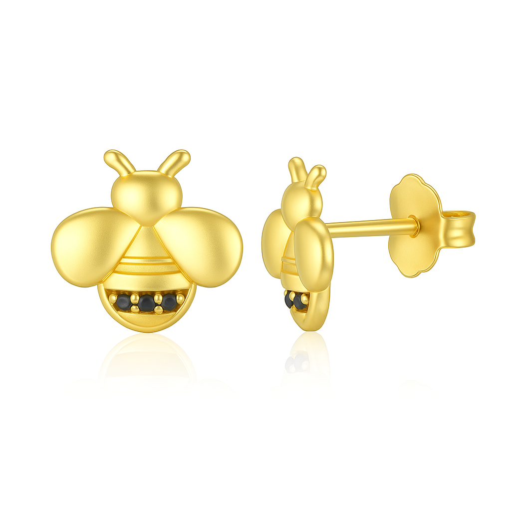 Boucles d'Oreilles Puces Argent 925 doré à l'Or Fin Petites Abeilles Zircon Noir