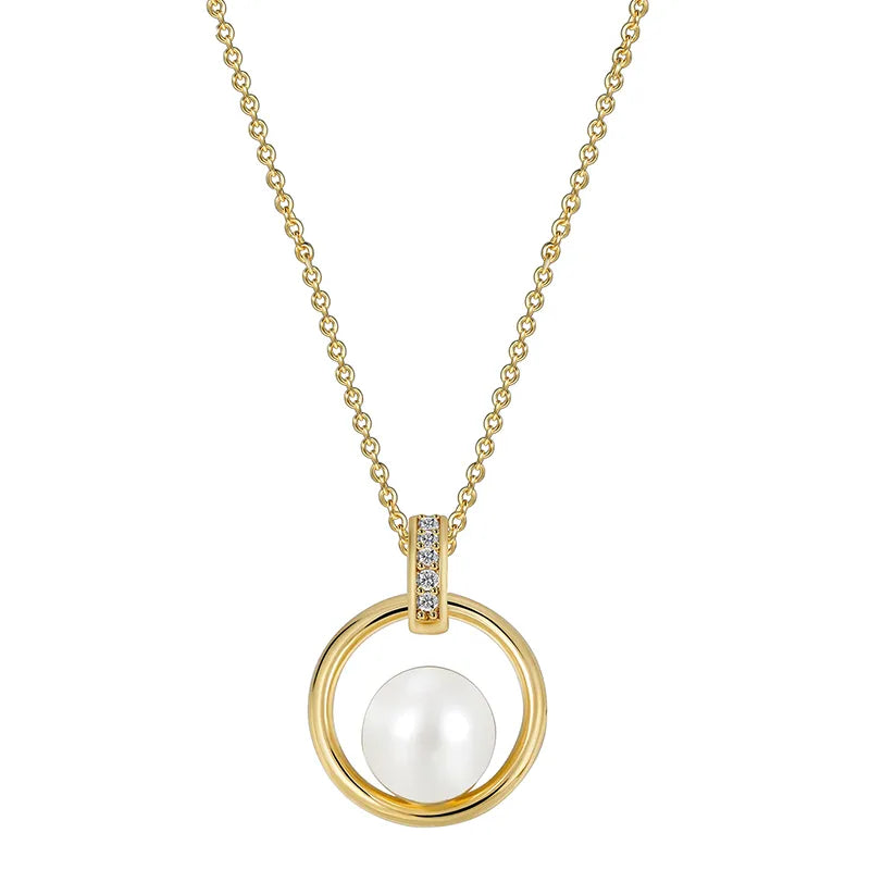 Collier doré or 18k pendentif cercle doré perle blanche